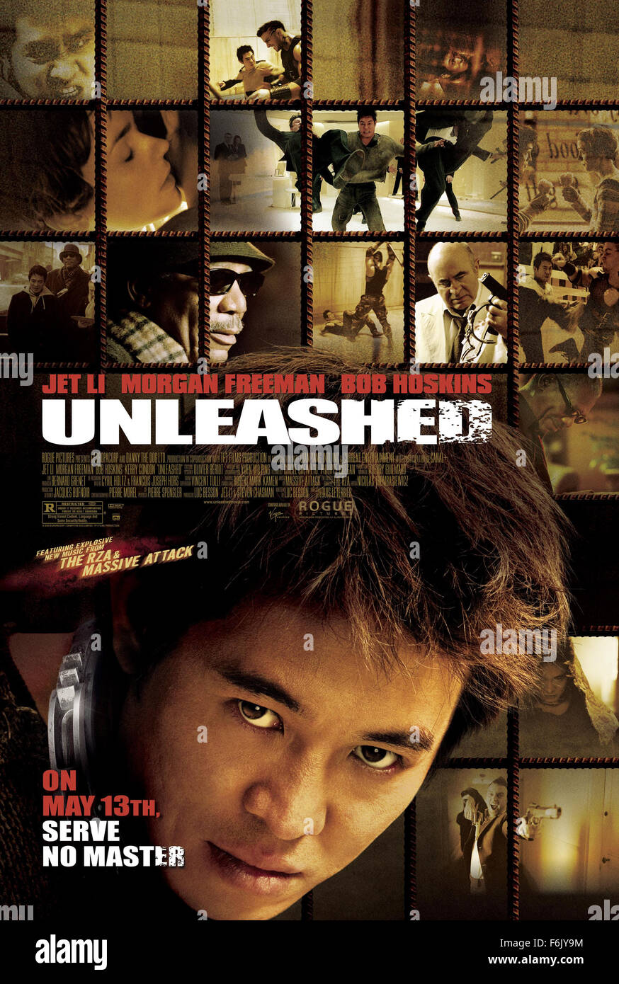 RELEASE DATE: May 13, 2005   MOVIE TITLE: Unleashed   STUDIO: Europa Corp   PLOT: A man raised into behaving like a dog, escapes from his captor to start a new life, who seeks to reclaim him because of his unnatural martial arts skills that are triggered when unleashed. Directed by Louis Leterrier.   PICTURED: Movie poster with JET LI as Danny, MORGAN FREEMAN as Sam and BOB HOSKINS as Bart.   (Credit Image: c Europa Corp./Entertainment Pictures) Stock Photo