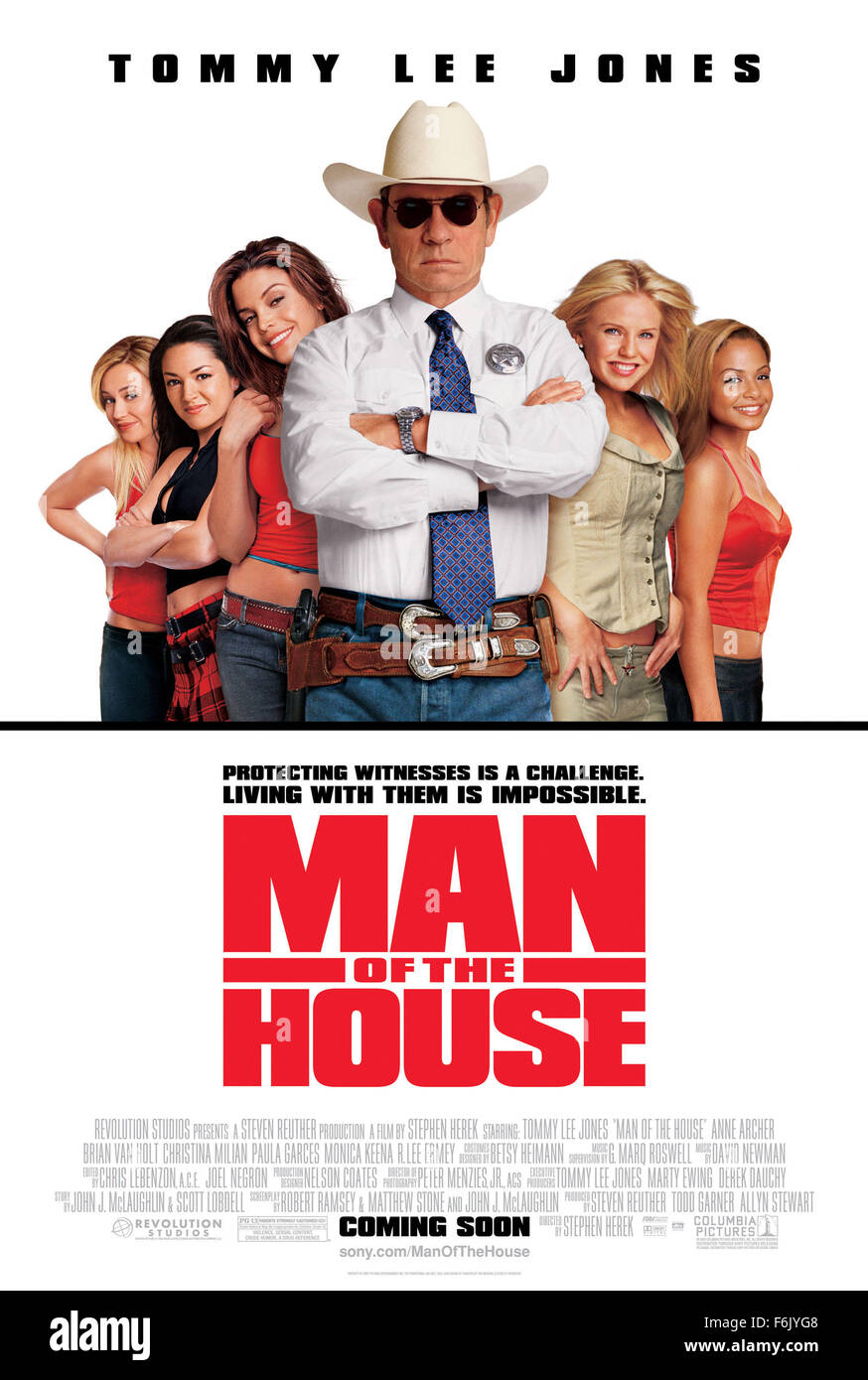 RELEASE DATE: February 25, 2005   MOVIE TITLE: Man of the House   STUDIO: Revolution Studios   PLOT: Texas Ranger Roland Sharp is assigned to protect the only witnesses to the murder of a key figure in the prosecution of a drug kingpin, a group of University of Texas cheerleaders. Sharp must now go undercover as an assistant cheerleading coach and move in with the young women. Directed by Stephen Herek.   PICTURED: Movie Poster   (Credit Image: c Revolution Studios/Entertainment Pictures) Stock Photo