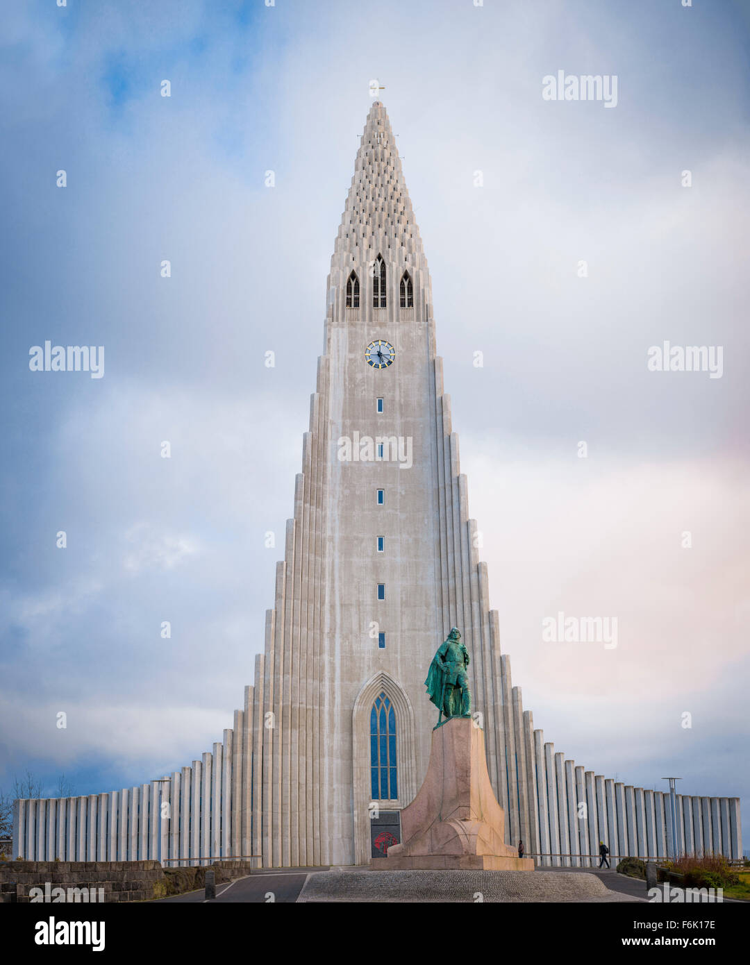 The iconic Hallgrimskirkja Church in Reykjavik, Iceland with the statue of Leifur Eiriksson in the foreground. Stock Photo