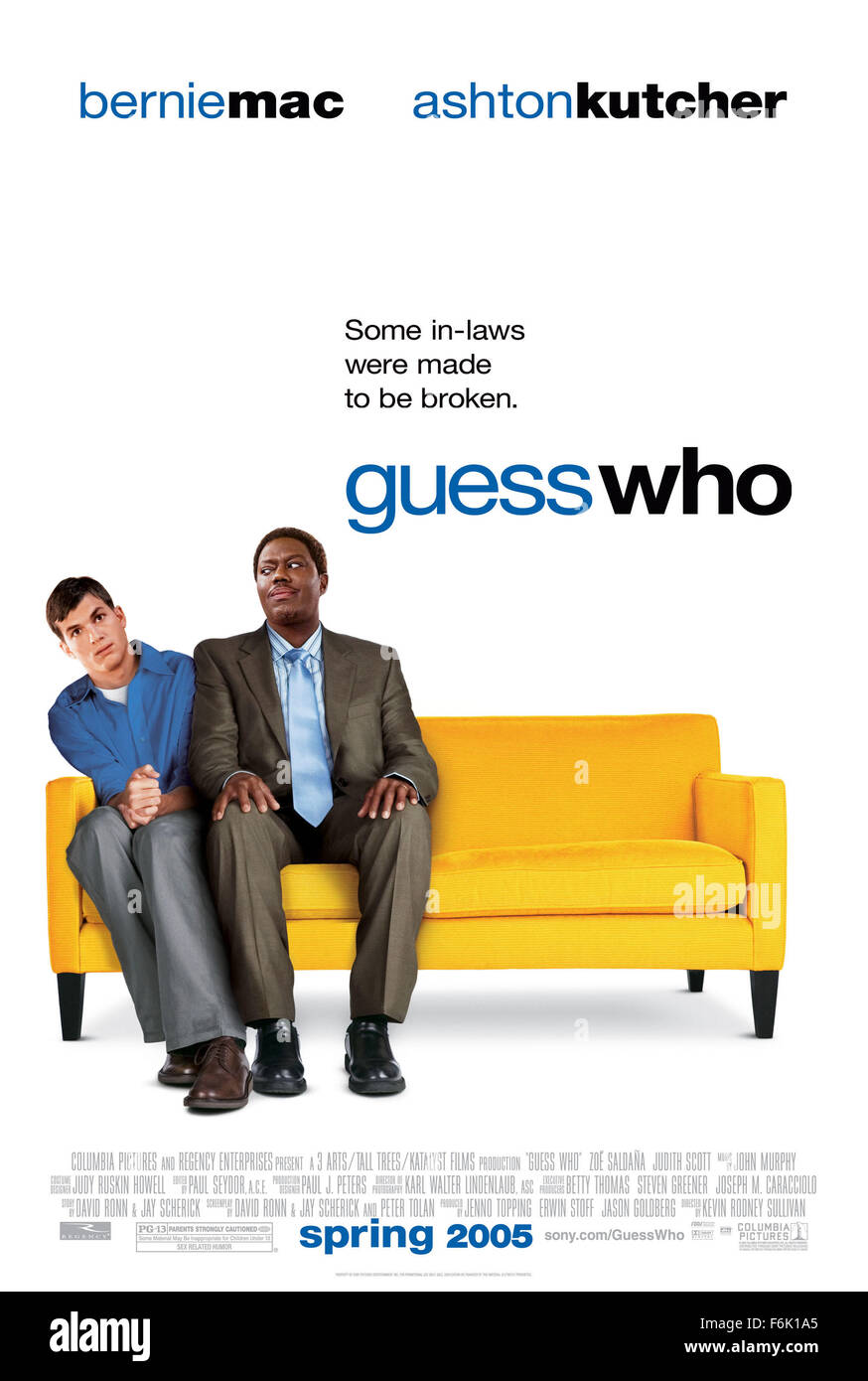 RELEASE DATE: March 25, 2005   MOVIE TITLE: Guess Who   STUDIO: Columbia Pictures   PLOT: Percy and Marilyn are renewing their vows for their anniversary, and their daughter Theresa brings her boyfriend Simon for them to meet. Unbeknownst to her parents, the kids plan to announce their engagement during the weekend. The Jones family is Black. Theresa neglects to tell them Simon is White. Directed by Kevin Rodney Sullivan.   PICTURED: Movie poster with BERNIE MAC as Percy Jones and ASHTON KUTCHER as Simon Green.   (Credit Image: c Columbia Pictures/Entertainment Pictures) Stock Photo