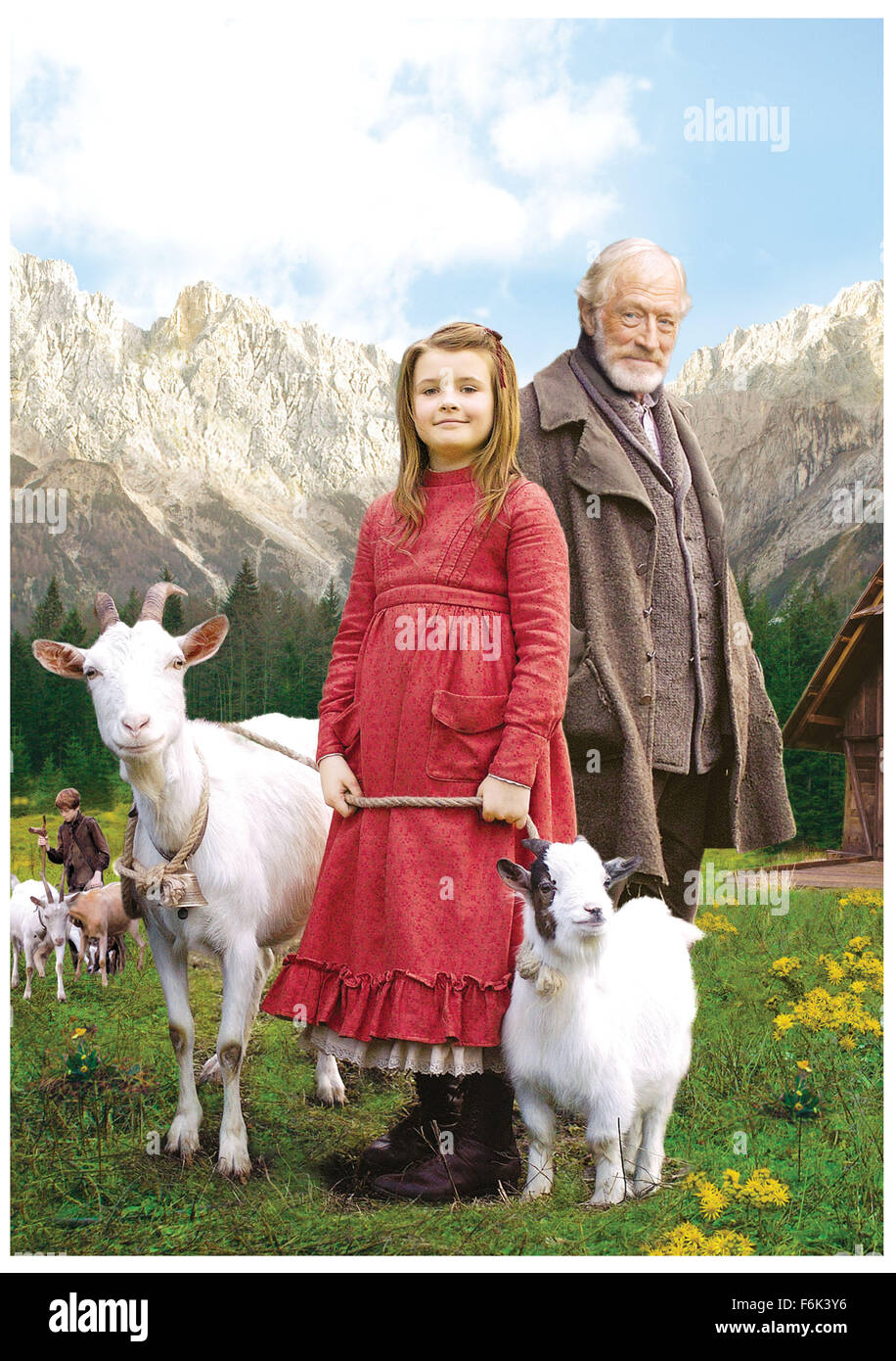 RELEASE DATE: August 19 2005. MOVIE TITLE: Heidi. STUDIO: Suitable Viewing. PLOT: Swiss girl Adelheid 'Heidi' is orphaned young. Aunt Detie brings her to grandpa Alp and his wife, who live isolated in the Alps since his murder charge. Heidi soon takes to the wild country, especially accompanying young goatherd Peter. Grandpa refuses to send her to school in the city, but aunt Detie returns and forces him to give in. She's sent to a posh lady in Frankfurt, where she'll be a companion for crippled daughter Clara after school hours. PICTURED: EMMA BOLGER as Heidi and MAX VON SYDOW as Uncle Alp. Stock Photo