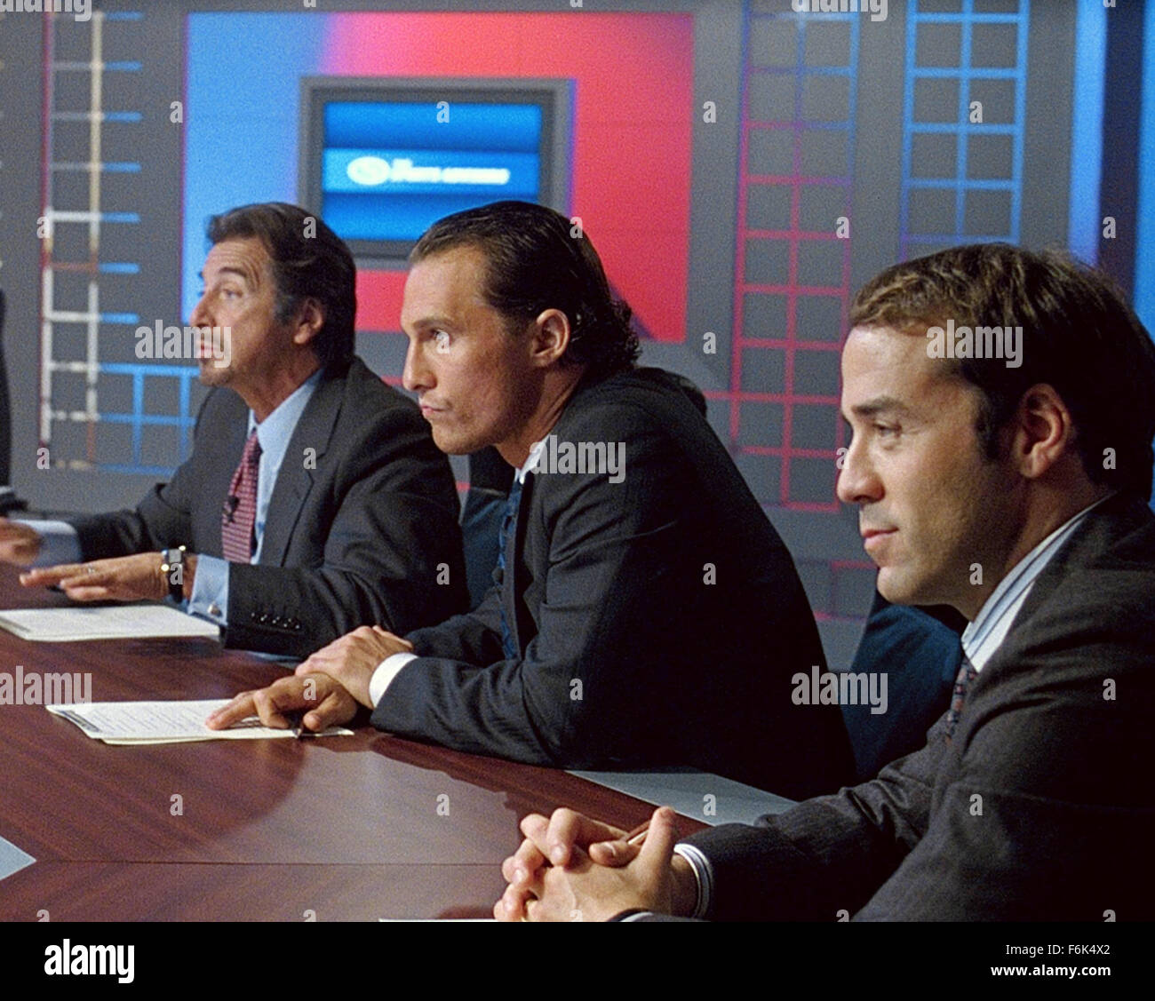RELEASE DATE: October 7, 2005. MOVIE TITLE: Two for the Money. STUDIO: Universal Pictures. PLOT: After suffering a career-ending injury, a former college football star aligns himself with one of the most renowned touts in the sports-gambling business. PICTURED: AL PACINO as Sports gambling impresario Walter Abraham, MATTHEW MCCONAUGHEY as Brandon Lang and JEREMY PIVEN as Jerry. Stock Photo