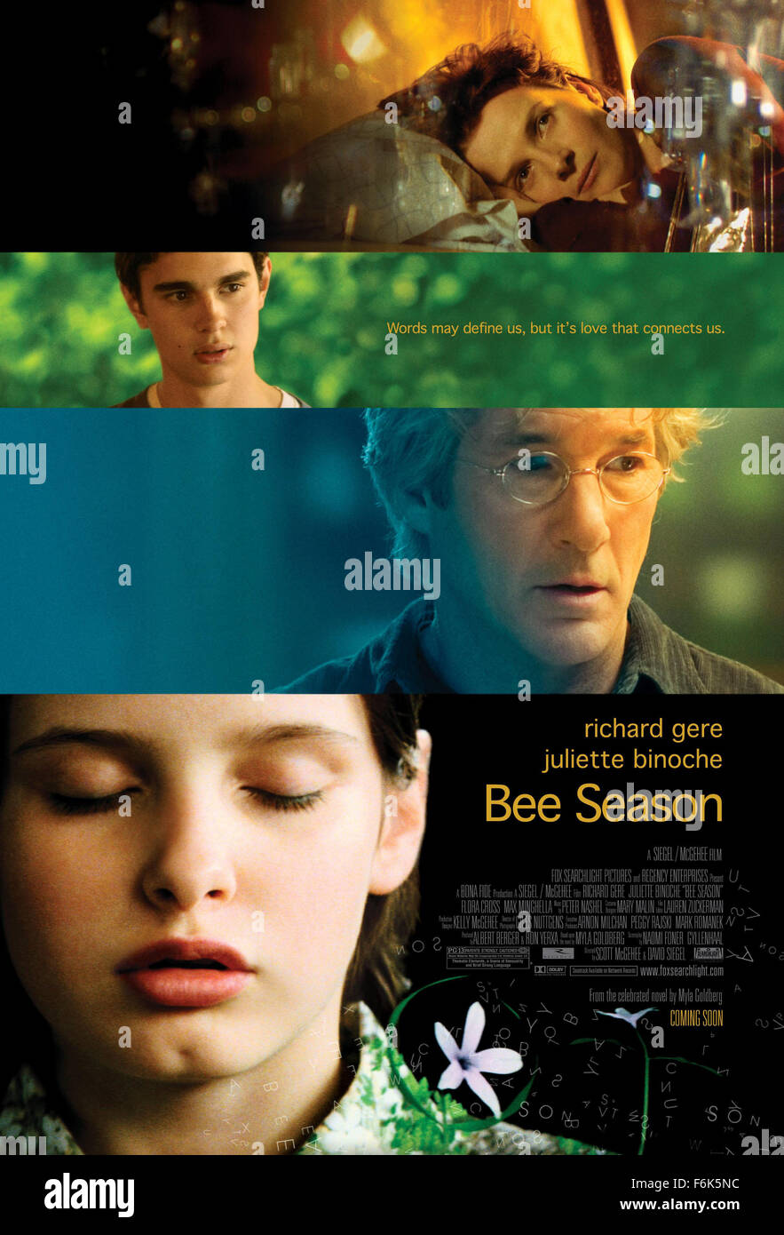 RELEASE DATE: September 3, 2005. MOVIE TITLE: Bee Season. STUDIO: Fox Searchlight. PLOT: A wife and mother begins a downward emotional spiral, as her husband avoids their collapsing marriage by immersing himself in his 11 year-old daughter's quest to become a spelling bee champion. PICTURED: RICHARD GERE as Saul Naumann, MAX MINGHELLA as Aaron Naumann, FLORA CROSS as Eliza Naumann and JULIETTE BINOCHE as Miriam Neumann. Stock Photo