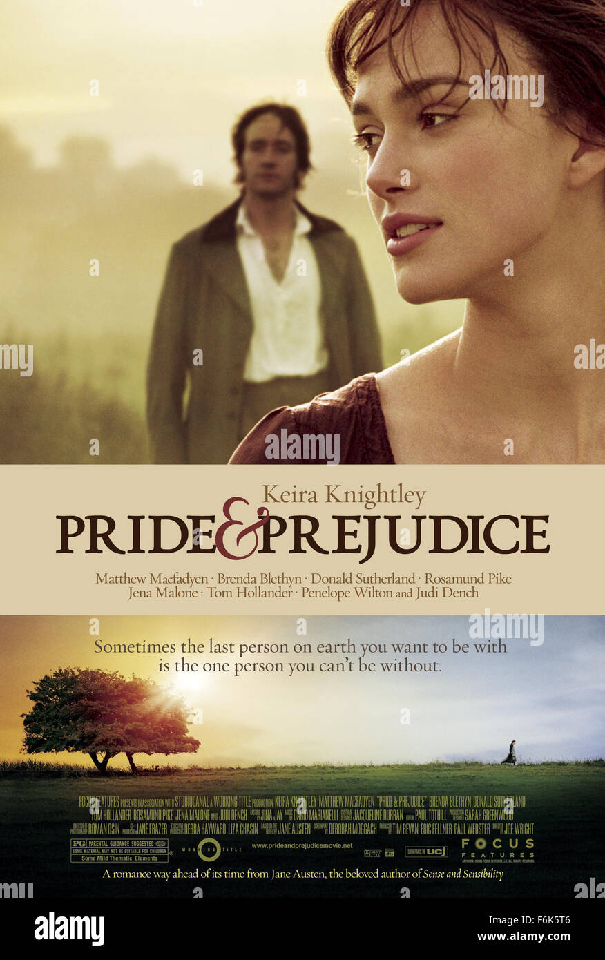 RELEASE DATE: November 23, 2005. MOVIE TITLE: Pride and Prejudice. STUDIO: Focus Features. PLOT: The story is based on Jane Austen's novel about five sisters - Jane, Elizabeth, Mary, Kitty and Lydia Bennet - in Georgian England. Their lives are turned upside down when a wealthy young man (Mr. Bingley) and his best friend (Mr. Darcy) arrive in their neighborhood. PICTURED: MATTHEW MACFADYEN as Mr. Darcy and KEIRA KNIGHTLEY as Elizabeth Bennet. Stock Photo