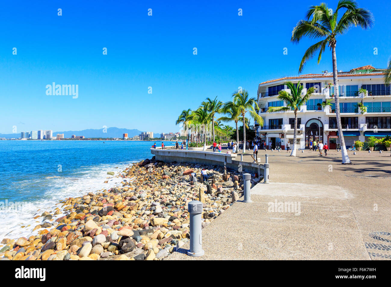 Main promenade called Paseo Diaz Ordaz, El Centro district, in Puerto Vallarta with Bahia de Banderas, Mexico Stock Photo