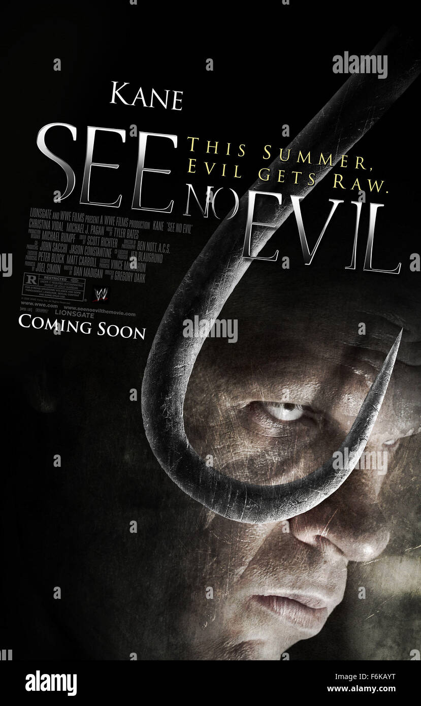 RELEASE DATE: May 6, 2006. MOVIE TITLE: See No Evil. STUDIO: Lions Gate Films. PLOT: A group of delinquents are sent to clean the Blackwell Hotel. Little do they know reclusive psychopath Jacob Goodnight (Jacobs) has holed away in the rotting hotel. PICTURED: GLEN JACOBS (aka KANE) stars as Jocob Goodnight. Stock Photo
