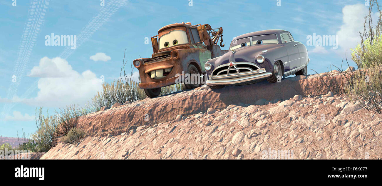 RELEASE DATE: March 14, 2006. MOVIE TITLE: Cars. STUDIO: Walt Disney Pictures, Pixar Animation Studios. PLOT: While traveling to California for the dispute of the final race of the Piston Cup against The King and Chick Hicks, the famous Lightning McQueen accidentally damages the road of the small town Radiator Springs and is sentenced to repair it. Lightning McQueen has to work hard and finds friendship and love in the simple locals, changing its values during his stay in the small town and becoming a true winner. PICTURED: Mater. Stock Photo