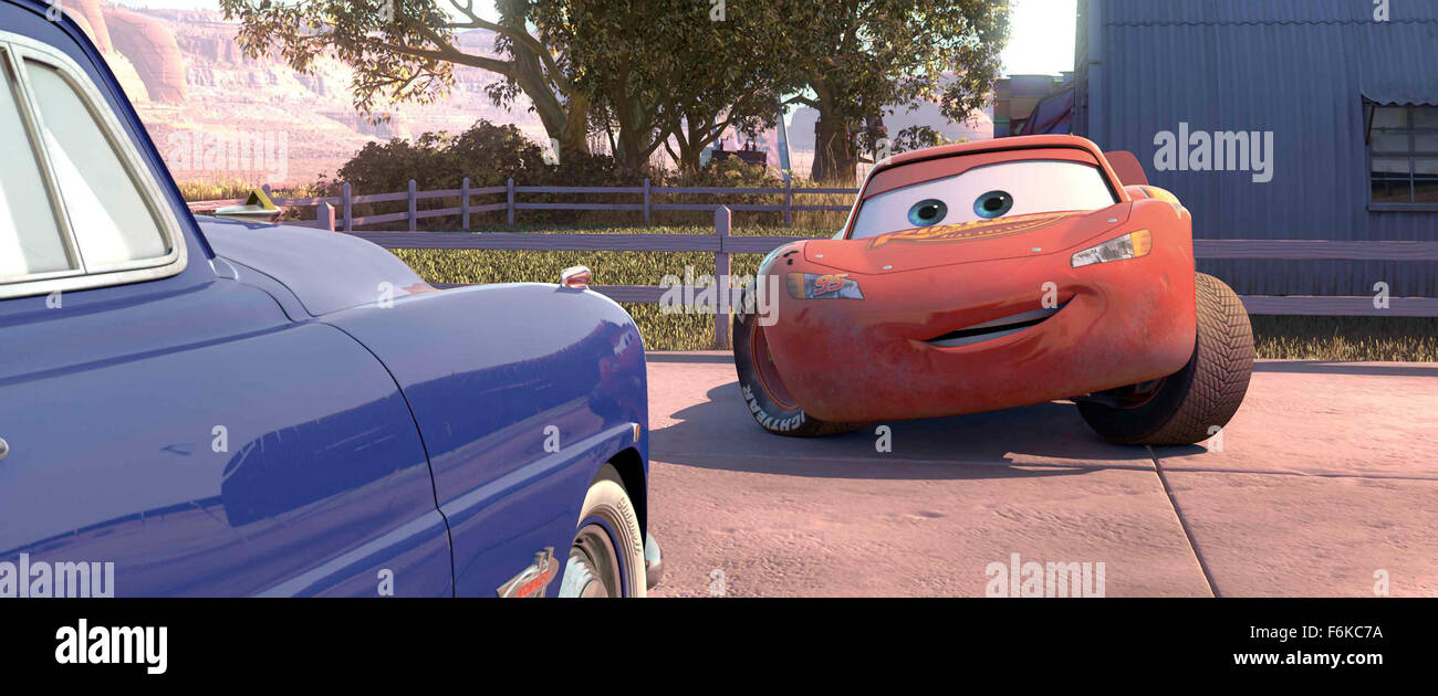 RELEASE DATE: March 14, 2006. MOVIE TITLE: Cars. STUDIO: Walt Disney Pictures, Pixar Animation Studios. PLOT: While traveling to California for the dispute of the final race of the Piston Cup against The King and Chick Hicks, the famous Lightning McQueen accidentally damages the road of the small town Radiator Springs and is sentenced to repair it. Lightning McQueen has to work hard and finds friendship and love in the simple locals, changing its values during his stay in the small town and becoming a true winner. PICTURED: Scene from the film. Stock Photo