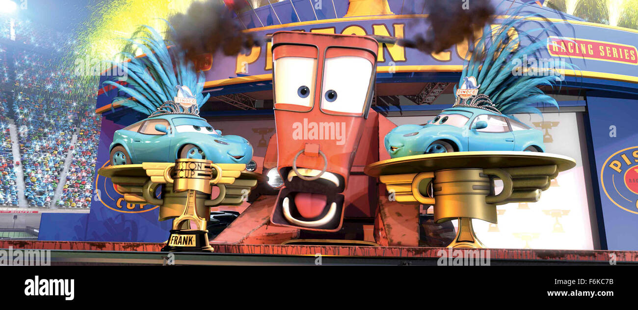 RELEASE DATE: March 14, 2006. MOVIE TITLE: Cars. STUDIO: Walt Disney Pictures, Pixar Animation Studios. PLOT: While traveling to California for the dispute of the final race of the Piston Cup against The King and Chick Hicks, the famous Lightning McQueen accidentally damages the road of the small town Radiator Springs and is sentenced to repair it. Lightning McQueen has to work hard and finds friendship and love in the simple locals, changing its values during his stay in the small town and becoming a true winner. PICTURED: Lightning McQueen. Stock Photo