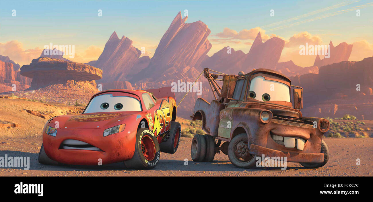 RELEASE DATE: March 14, 2006. MOVIE TITLE: Cars. STUDIO: Walt Disney Pictures, Pixar Animation Studios. PLOT: While traveling to California for the dispute of the final race of the Piston Cup against The King and Chick Hicks, the famous Lightning McQueen accidentally damages the road of the small town Radiator Springs and is sentenced to repair it. Lightning McQueen has to work hard and finds friendship and love in the simple locals, changing its values during his stay in the small town and becoming a true winner. PICTURED: Lightning McQueen, Mater. Stock Photo
