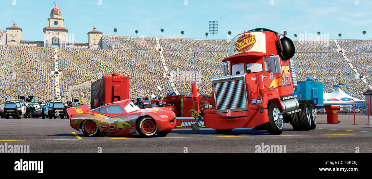 RELEASE DATE: March 14, 2006. MOVIE TITLE: Cars. STUDIO: Walt Disney Pictures, Pixar Animation Studios. PLOT: While traveling to California for the dispute of the final race of the Piston Cup against The King and Chick Hicks, the famous Lightning McQueen accidentally damages the road of the small town Radiator Springs and is sentenced to repair it. Lightning McQueen has to work hard and finds friendship and love in the simple locals, changing its values during his stay in the small town and becoming a true winner. PICTURED: . Stock Photo