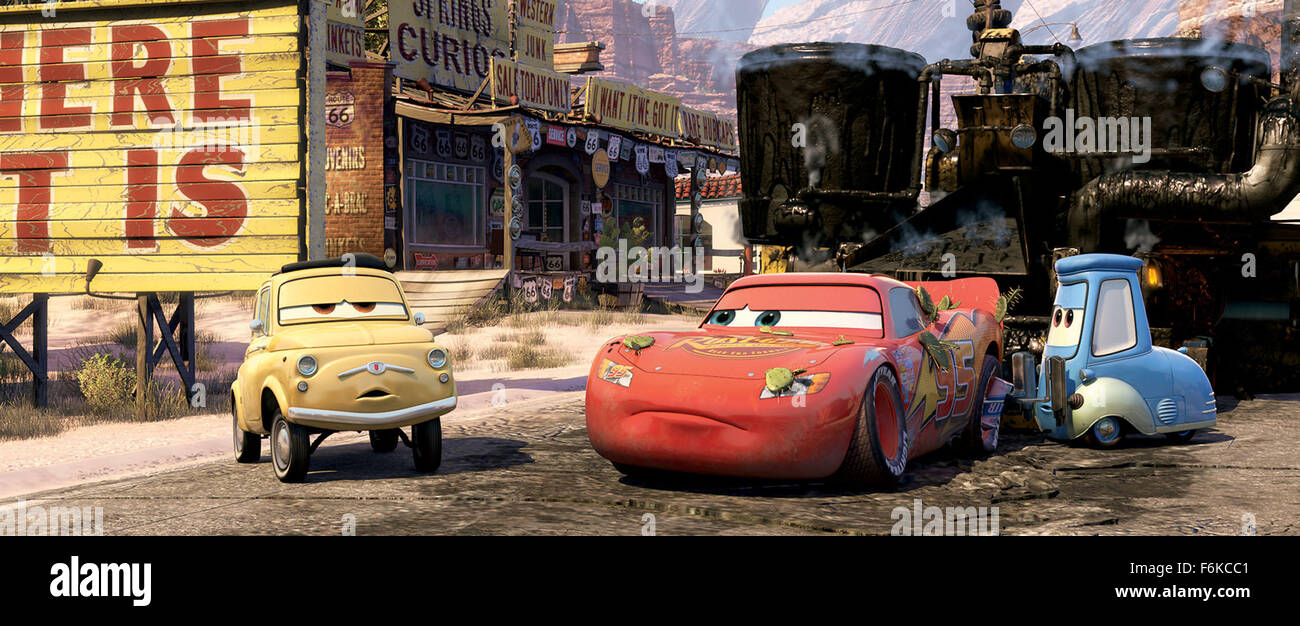 RELEASE DATE: March 14, 2006. MOVIE TITLE: Cars. STUDIO: Walt Disney Pictures, Pixar Animation Studios. PLOT: While traveling to California for the dispute of the final race of the Piston Cup against The King and Chick Hicks, the famous Lightning McQueen accidentally damages the road of the small town Radiator Springs and is sentenced to repair it. Lightning McQueen has to work hard and finds friendship and love in the simple locals, changing its values during his stay in the small town and becoming a true winner. PICTURED: . Stock Photo