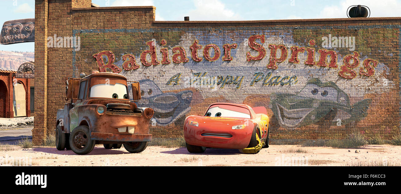 RELEASE DATE: March 14, 2006. MOVIE TITLE: Cars. STUDIO: Walt Disney Pictures, Pixar Animation Studios. PLOT: While traveling to California for the dispute of the final race of the Piston Cup against The King and Chick Hicks, the famous Lightning McQueen accidentally damages the road of the small town Radiator Springs and is sentenced to repair it. Lightning McQueen has to work hard and finds friendship and love in the simple locals, changing its values during his stay in the small town and becoming a true winner. PICTURED: . Stock Photo