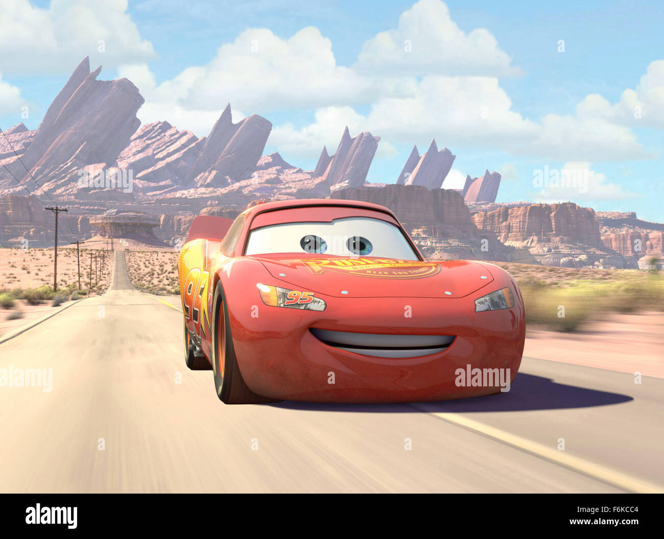 RELEASE DATE: March 14, 2006. MOVIE TITLE: Cars. STUDIO: Walt Disney Pictures, Pixar Animation Studios. PLOT: While traveling to California for the dispute of the final race of the Piston Cup against The King and Chick Hicks, the famous Lightning McQueen accidentally damages the road of the small town Radiator Springs and is sentenced to repair it. Lightning McQueen has to work hard and finds friendship and love in the simple locals, changing its values during his stay in the small town and becoming a true winner. PICTURED: . Stock Photo