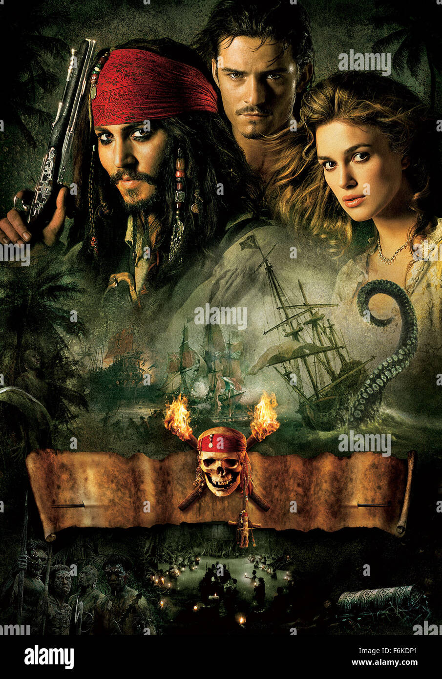 RELEASE DATE: July 7, 2006. MOVIE TITLE: Pirates of the Caribbean: Dead Man's Chest. STUDIO: Walt Disney Pictures. PLOT: Jack Sparrow races to recover the heart of Davy Jones to avoid enslaving his soul to Jones' service, as other friends and foes seek the heart for their own agenda as well. PICTURED: JOHNNY DEPP as Jack Sparrow, ORLANDO BLOOM as Will Turner and KEIRA KNIGHTLEY as Elizabeth Swan, Movie Poster. Stock Photo