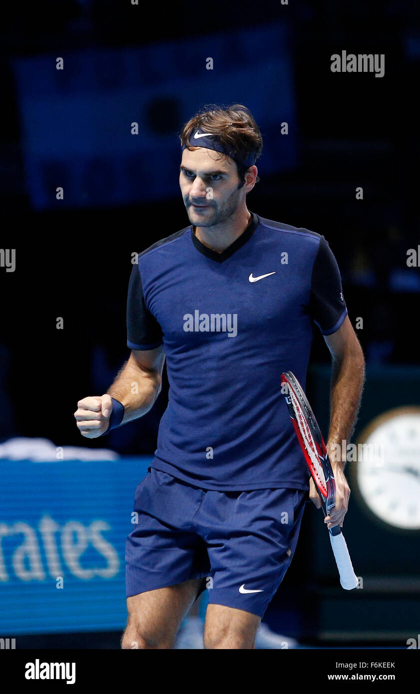 London, UK. 17th November, 2015. ATP Tour Finals Day 3 Roger Federer (SUI)  celebrates as he defeats Novak Djokovic(SRB) by a score 7-5, 6-2 during the  Day Three Barclays ATP World Tour