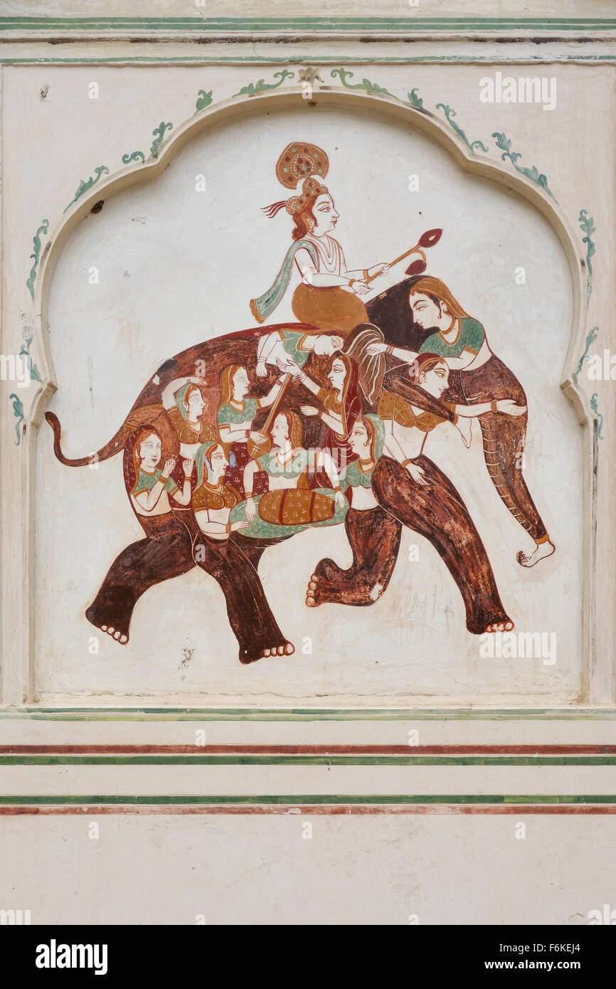 Painting of an elephant made of women (Monkey Palace, Rajasthan, India). Stock Photo
