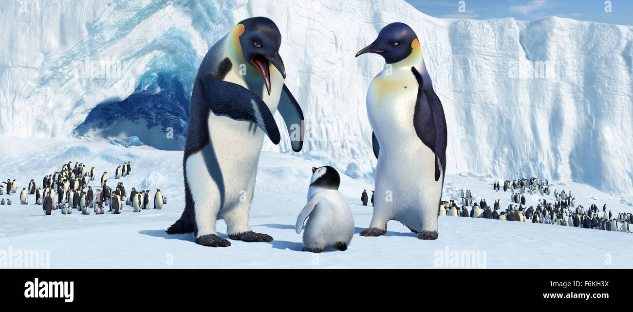 RELEASE DATE: November 17, 2006. MOVIE TITLE: Happy Feet. DIRECTOR: George Miller. STUDIO: Village Roadshow Pictures. PLOT: Into the world of the Emperor Penguins, who find their soul mates through song, a penguin is born who cannot sing. But he can tap dance something fierce! PICTURED: After a failed singing lesson, Memphis (voiced by HUGH JACKMAN) encourages young Mumble (voiced by E.G. DAILY) to try harder, while Norma Jean (voiced by NICOLE KIDMAN) watches with concern. Stock Photo