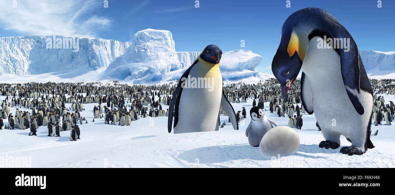RELEASE DATE: November 17, 2006. MOVIE TITLE: Happy Feet. DIRECTOR: George Miller. STUDIO: Village Roadshow Pictures. PLOT: Into the world of the Emperor Penguins, who find their soul mates through song, a penguin is born who cannot sing. But he can tap dance something fierce! PICTURED: Maurice (voiced by DEE BAKER), Baby Gloria and Memphis (voiced by HUGH JACKMAN) examine Mumble's egg with concern. Stock Photo