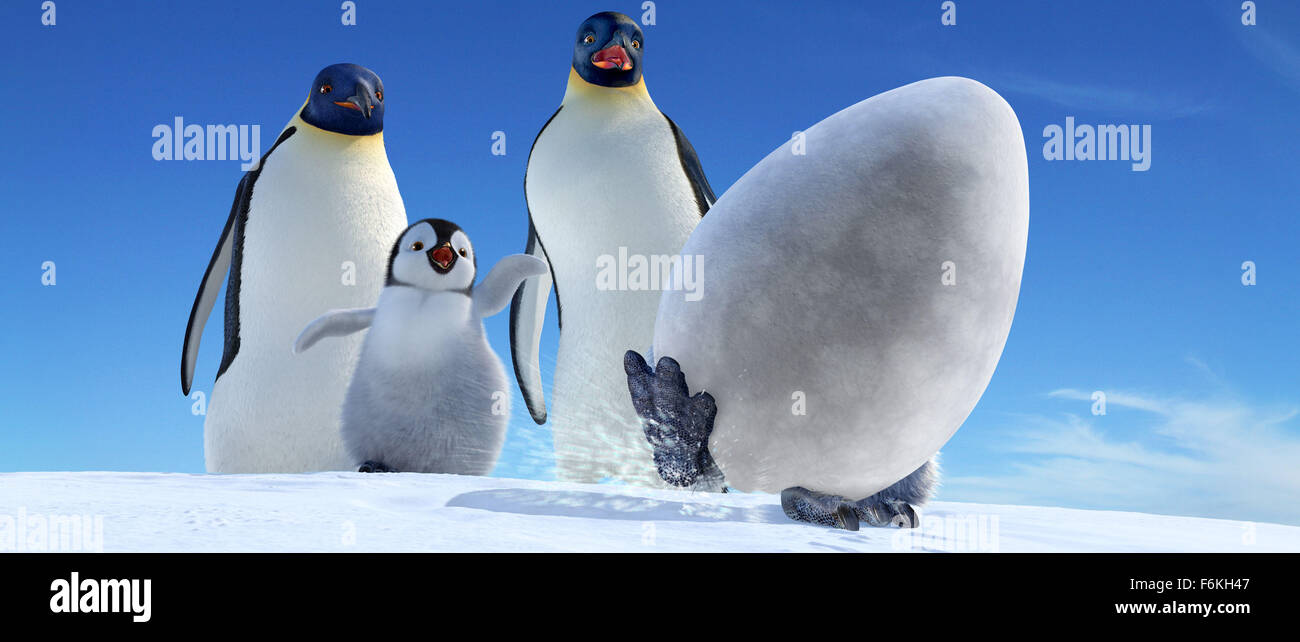 RELEASE DATE: November 17, 2006. MOVIE TITLE: Happy Feet. DIRECTOR: George Miller. STUDIO: Village Roadshow Pictures. PLOT: Into the world of the Emperor Penguins, who find their soul mates through song, a penguin is born who cannot sing. But he can tap dance something fierce! PICTURED: Maurice (voiced by DEE BAKER) and Memphis (voiced by HUGH JACKMAN) watch as Baby Gloria chases after Mumble's runaway egg. Stock Photo