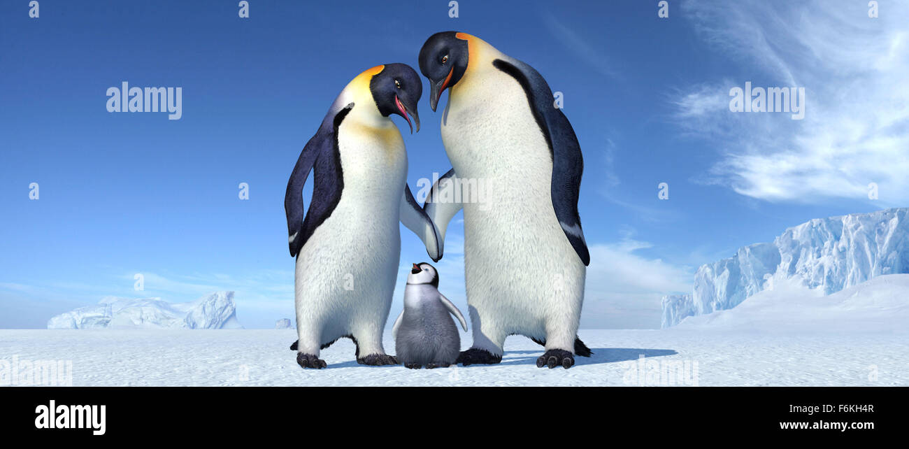 RELEASE DATE: November 17, 2006. MOVIE TITLE: Happy Feet. DIRECTOR: George Miller. STUDIO: Village Roadshow Pictures. PLOT: Into the world of the Emperor Penguins, who find their soul mates through song, a penguin is born who cannot sing. But he can tap dance something fierce! PICTURED: Norma Jean (voiced by NICOLE KIDMAN), young Mumble (voiced by E.G. DAILY) and Memphis (voiced by HUGH JACKMAN) together as a happy family. Stock Photo