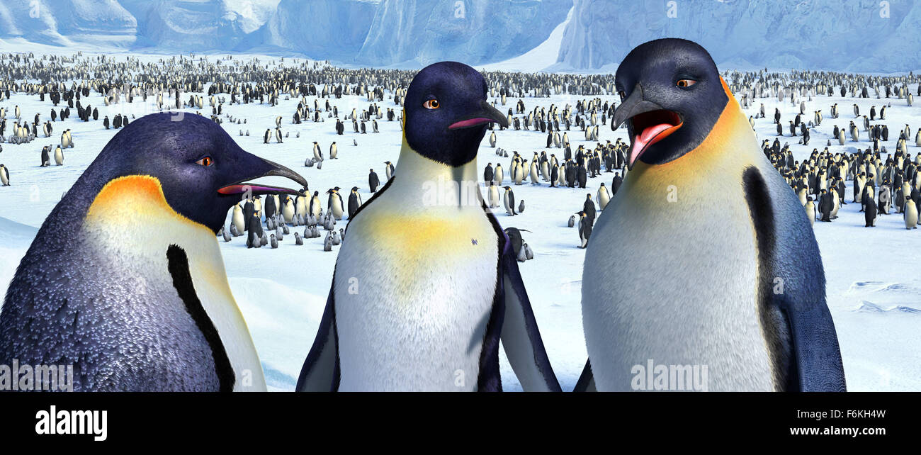 RELEASE DATE: November 17, 2006. MOVIE TITLE: Happy Feet. DIRECTOR: George Miller. STUDIO: Village Roadshow Pictures. PLOT: Into the world of the Emperor Penguins, who find their soul mates through song, a penguin is born who cannot sing. But he can tap dance something fierce! PICTURED: Miss Viola  (voiced by MAGDA SZUBANSKI) calls an emergency parent/teacher conference with Norma Jean (voiced by NICOLE KIDMAN) and Memphis (voiced by HUGH JACKMAN) when she discovers that young Mumble cannot sing. Stock Photo