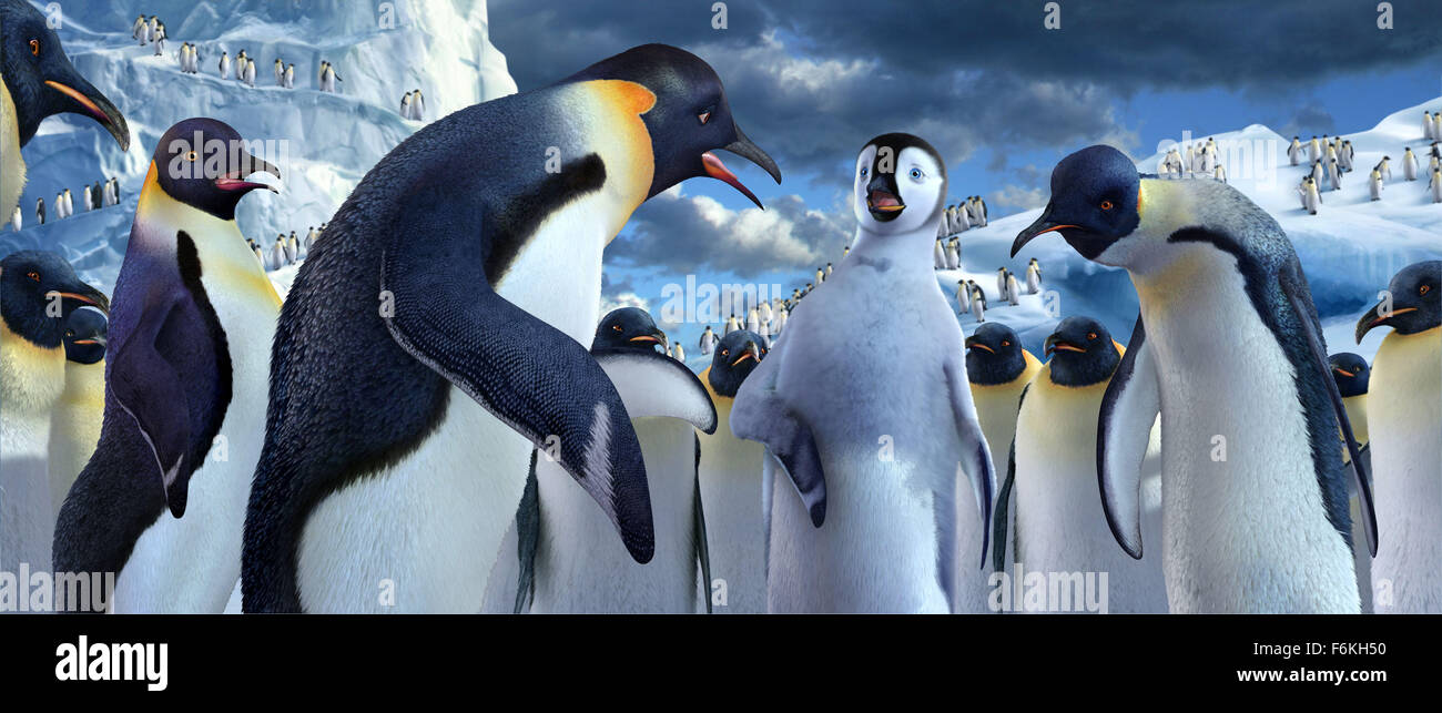RELEASE DATE: November 17, 2006. MOVIE TITLE: Happy Feet. DIRECTOR: George Miller. STUDIO: Village Roadshow Pictures. PLOT: Into the world of the Emperor Penguins, who find their soul mates through song, a penguin is born who cannot sing. But he can tap dance something fierce! PICTURED: Norma Jean (voiced by NICOLE KIDMAN) looks on in horror, as Memphis (voiced by HUGH JACKMAN) begs Mumble (voiced by ELIJAH WOOD) to stop dancing after pressure from Noah (voiced by HUGO WEAVING) and the other elders. Stock Photo