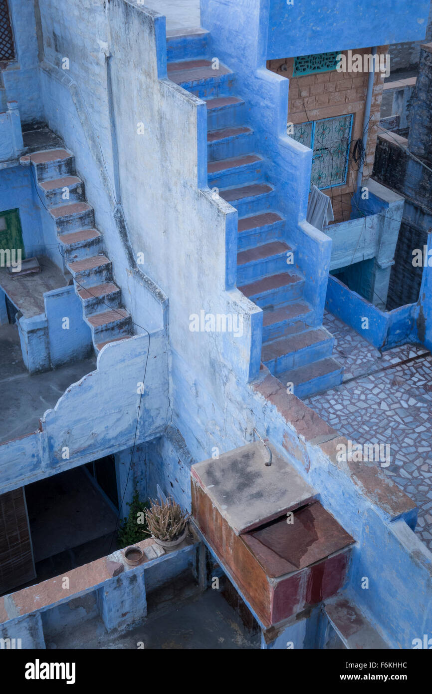 Blue stairs in the blue city. Jodhpur, India. Stock Photo