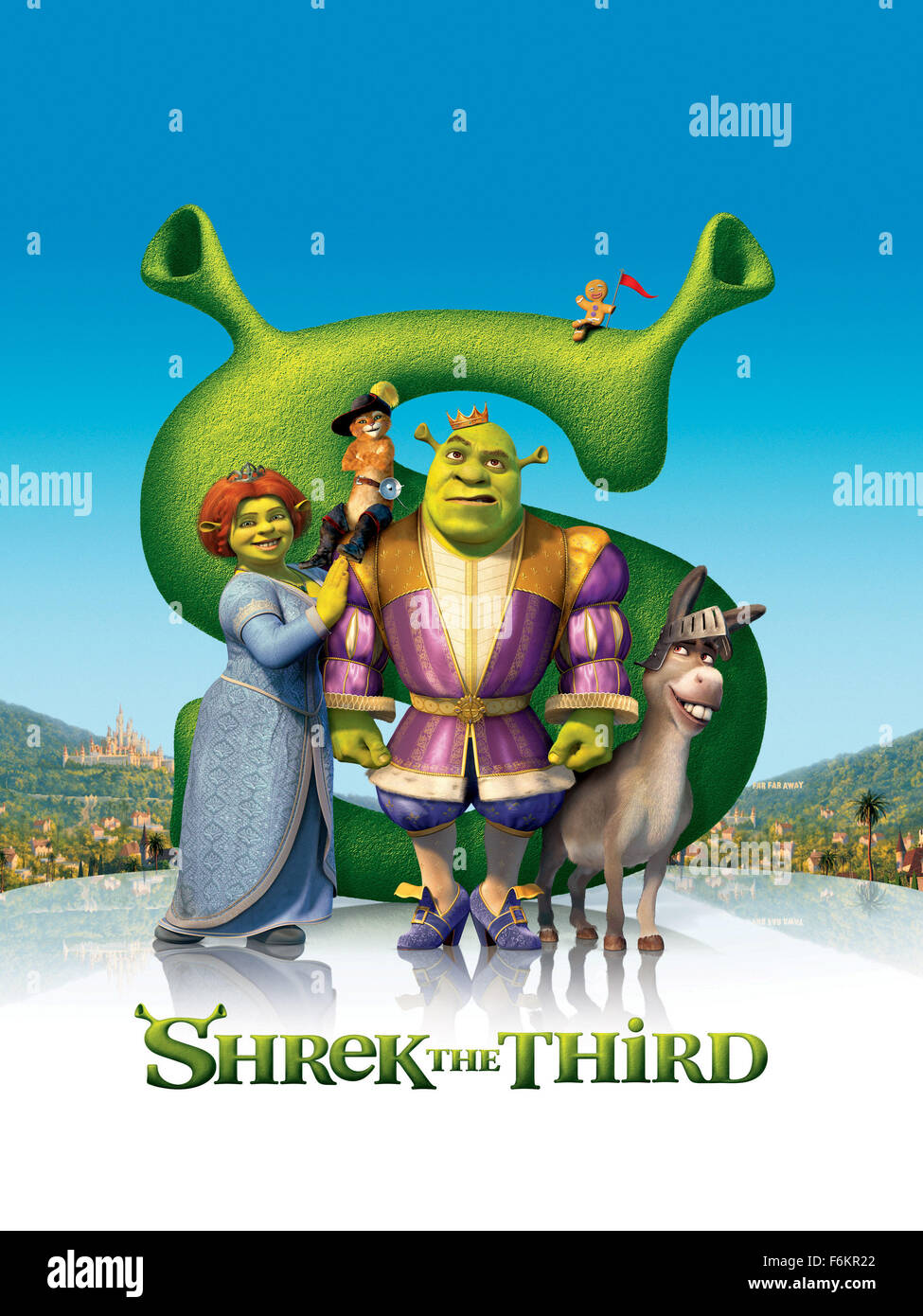RELEASE DATE: May 18, 2007. MOVIE TITLE: Shrek the Third - STUDIO: PDI / DreamWorks Productions. PLOT: When his new father-in-law, King Harold (Cleese) falls ill, Shrek (Myers) is looked at as the heir to the land of Far, Far Away. Not one to give up his beloved swamp, Shrek recruits his friends Donkey (Murphy) and Puss in Boots (Banderas) to install the rebellious Artie (Timberlake) as the new king. Princess Fiona (Diaz), however, rallies a band of royal girlfriends to fends off a coup d'etat by the jilted Prince Charming (Everett). PICTURED: Composite art for the Movie poster featuring MIKE Stock Photo