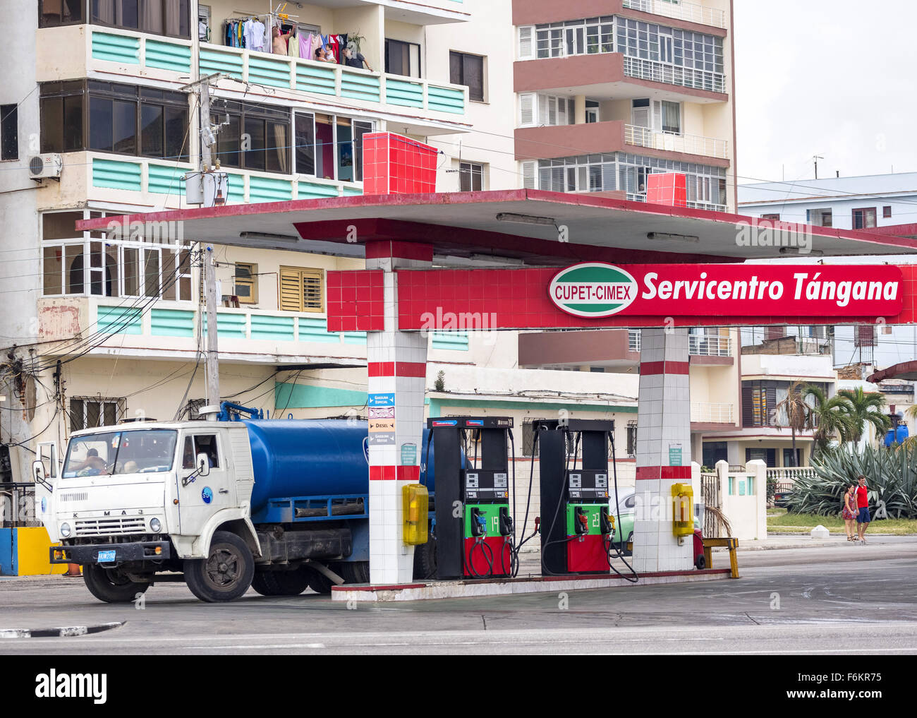 Cuban gas station in Havana, Fuel Tanker, CupetCimex, petrol pumps, La