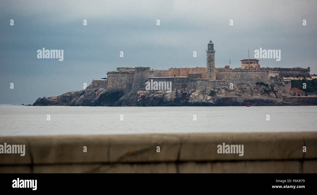View from Old Havana to the Old Fort Habana Fuerte del Morro, in the haze over the quay wall, Street Scene, La Habana, Cuba, Stock Photo