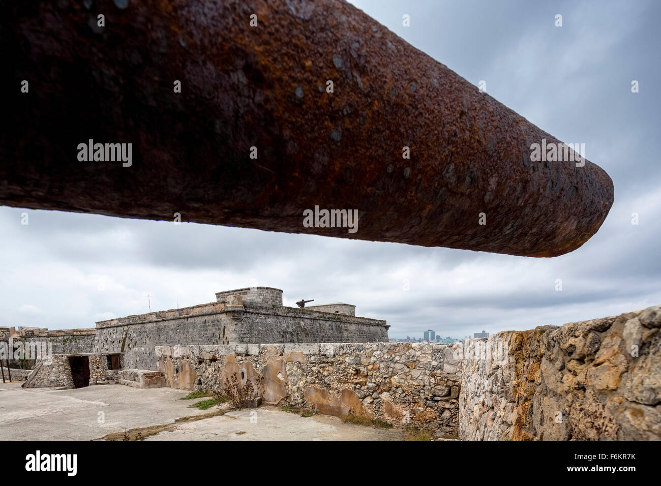 View from the Old Fort Haban Fuerte del Morro under an old cannon in Old Havana, Street Scene, La Habana, Cuba, Caribbean, North Stock Photo