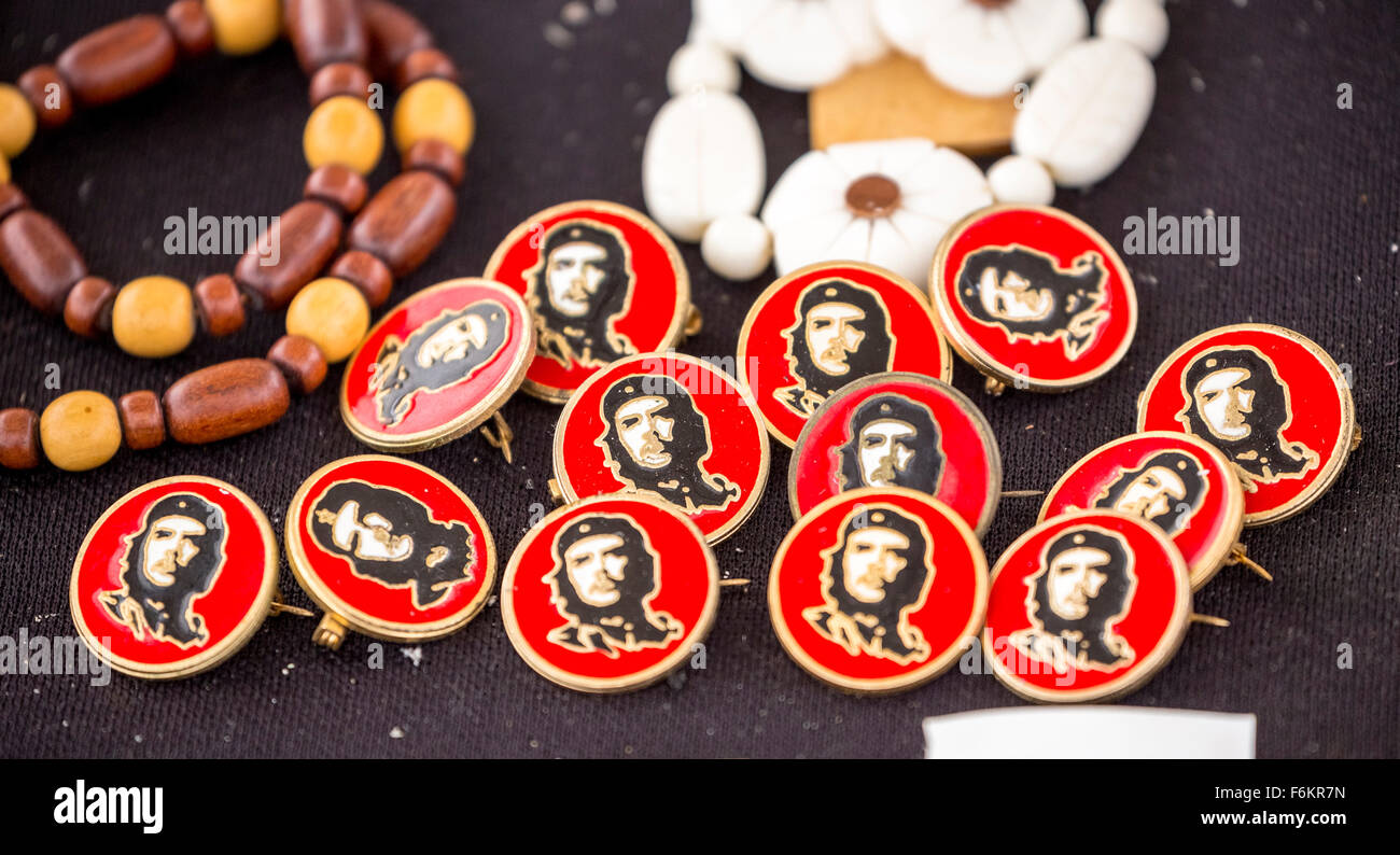 red-black Ernesto Che Guevara stickers, souvenirs, junk, Street Scene, La Habana, Cuba, Caribbean, North America, Havana Stock Photo