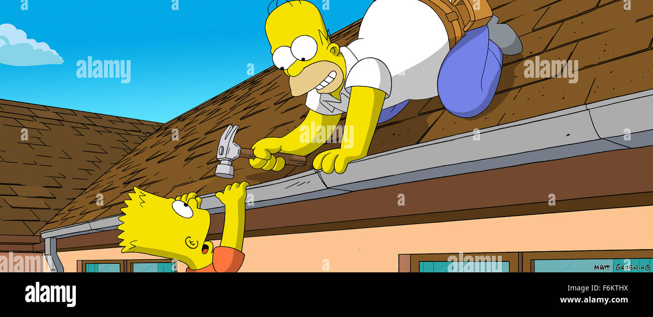 RELEASE DATE: July 27, 2007. MOVIE TITLE: The Simpsons Movie - STUDIO: Akom Production Company ORIGINAL ARTWORK BY: Matt Groening. PLOT: After Homer accidentally pollutes the town's water supply, Springfield is encased in a gigantic dome by the EPA and the Simpsons family are declared fugitives. PICTURED: BART and HOMER SIMPSON repair the roof. Stock Photo