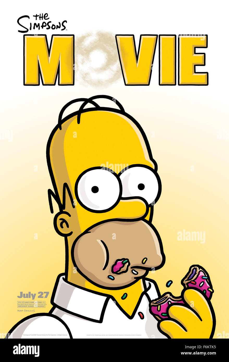 RELEASE DATE: July 27, 2007. MOVIE TITLE: The Simpsons Movie - STUDIO: Akom Production Company. ORIGINAL ARTWORK BY: Matt Groening. PLOT: After Homer accidentally pollutes the town's water supply, Springfield is encased in a gigantic dome by the EPA and the Simpsons family are declared fugitives. PICTURED: Homer Simpsons, Movie Poster. Stock Photo