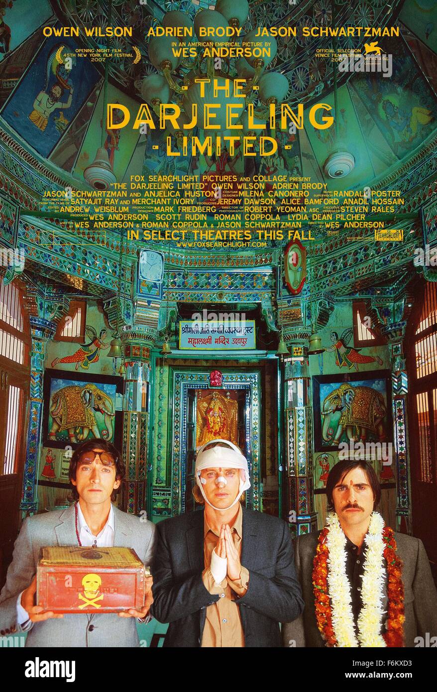 RELEASE DATE: September 29, 2007. MOVIE TITLE: The Darjeeling Limited - STUDIO: American Empirical Pictures/Fox Searchlight Pictures. PLOT: Three American brothers who have not spoken to each other in a year set off on a train voyage across India with a plan to find themselves and bond with each other -- to become brothers again like they used to be. Their 'spiritual quest', however, veers rapidly off-course, and they eventually find themselves stranded alone in the middle of the desert with eleven suitcases, a printer, and a laminating machine. At this moment, a new, unplanned journey suddenl Stock Photo