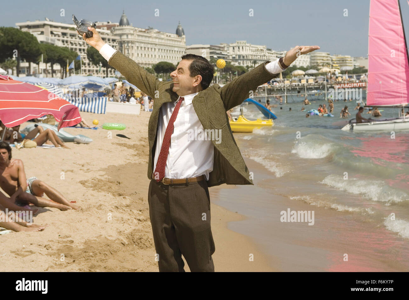 RELEASE DATE: September, 2007. MOVIE TITLE: Mr. Bean's Holiday. STUDIO: Universal Pictures. PLOT: Mr. Bean returns but not for long as he goes on his travels to the south of France where mishap and mayhem begin, by the end Bean even has his video diaries at the Cannes Film Festival. PICTURED: ROWAN ATKINSON as Mr. Bean. Stock Photo