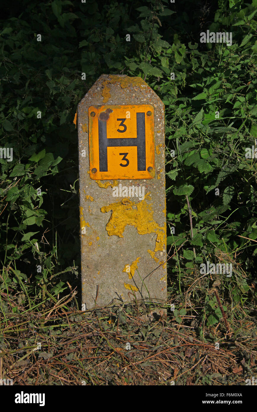 A concrete post with a bold yellow painted and black lettered "H" with inset numbers 3 and 3 in the hollows of the "H" Stock Photo