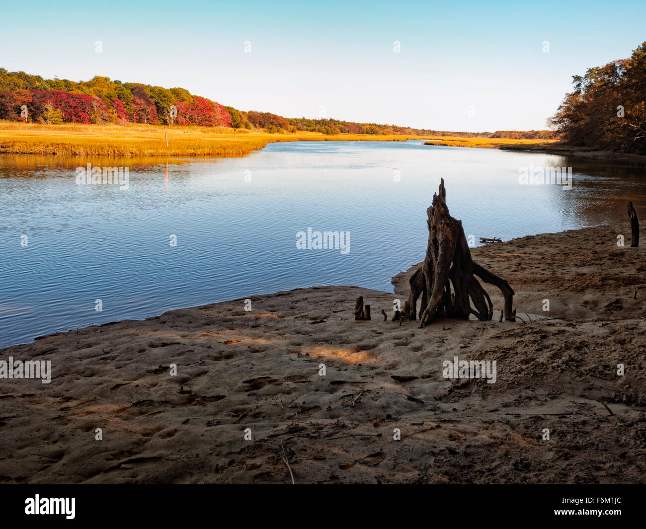 Scorton Creek, Sandwich, Cape Cod Massachusetts fall day autumn color. This salt water marsh is known for trout and bass fishing Stock Photo