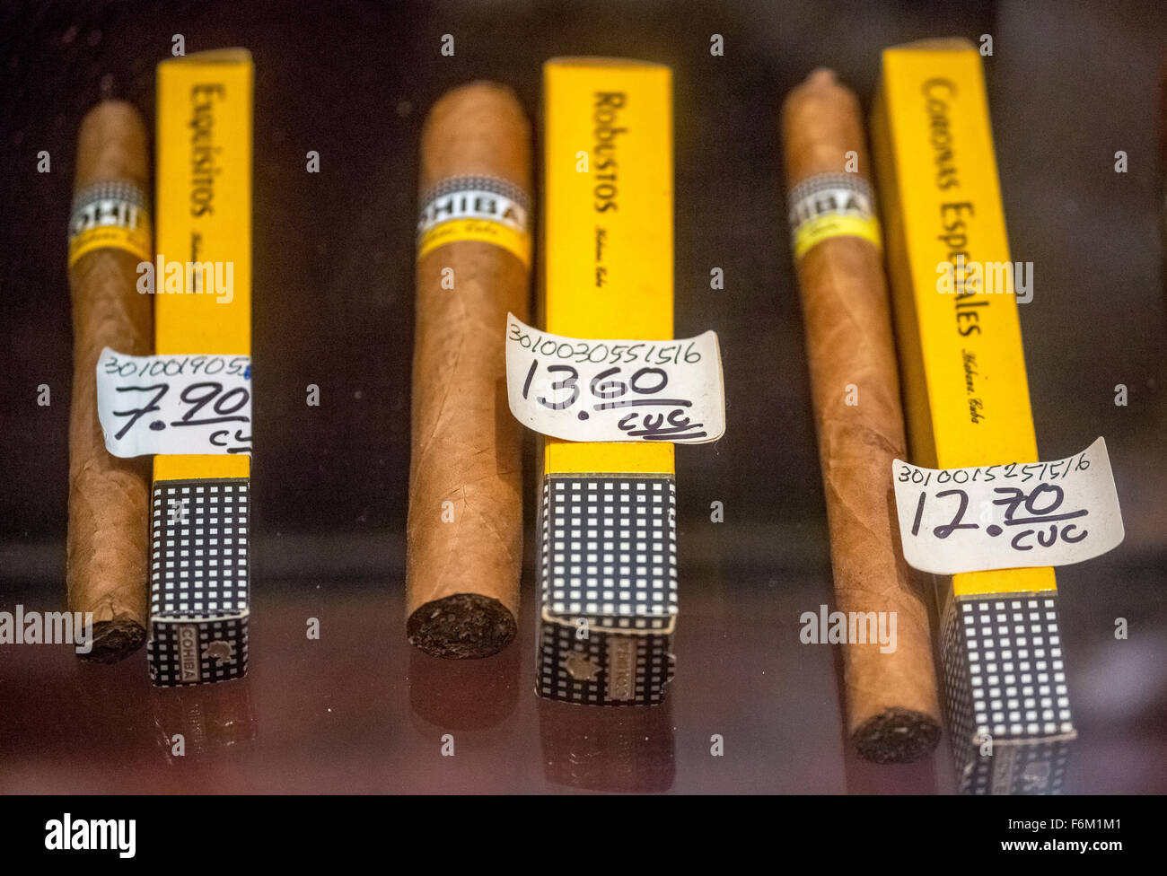 Cohiba cigars in retail with individual packages, Cuban cigars in the sales room of a cigar merchant, souvenirs in a cuban cigar Stock Photo