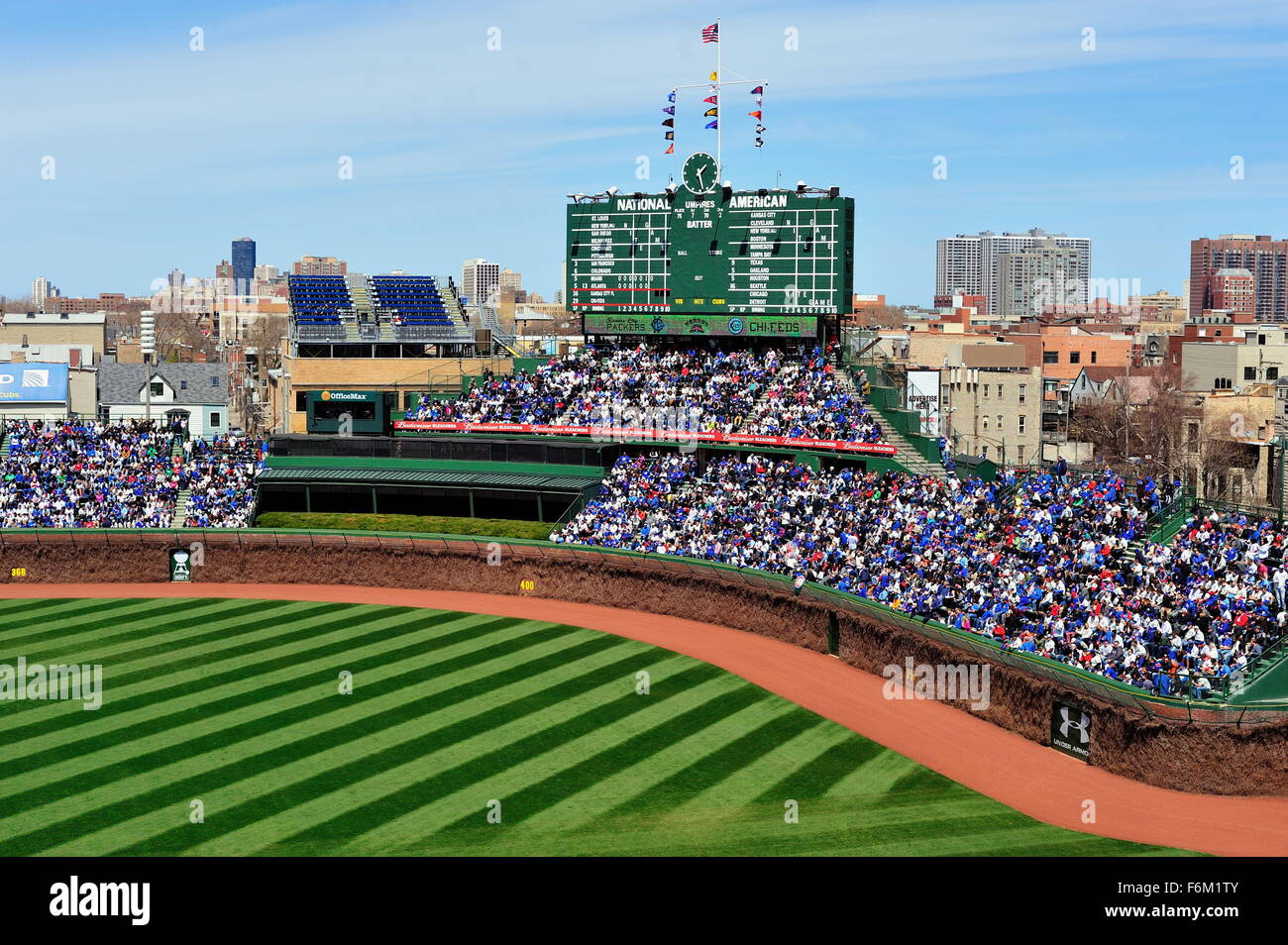 A look at the playing surface at iconic Wrigley Field in Chicago during a day game in 2014. Chicago, Illinois, USA. Stock Photo