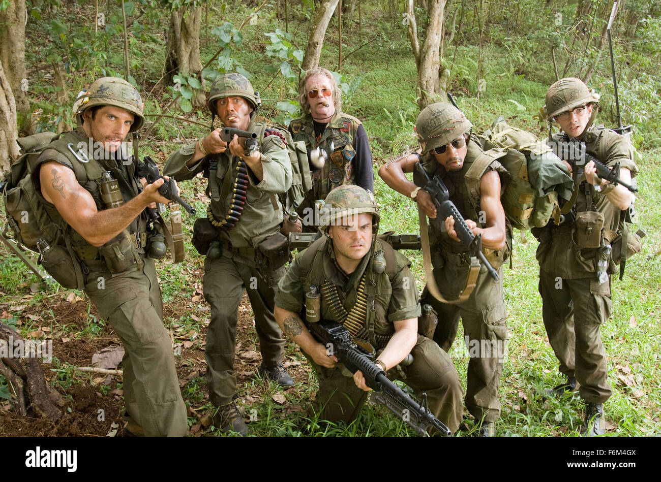 RELEASE DATE: August 15, 2008. MOVIE TITLE: Tropic Thunder. STUDIO: DreamWorks Pictures. PLOT: Through a series of freak occurrences, a group of actors shooting a big-budget war movie are forced to become the soldiers they are portraying. PICTURED: JACK BLACK as Jeff Portnoy, BEN STILLER as Tugg Speedman, ROBERT DOWNEY JR. as Kirk Lazarus, NICK NOLTE as Four Leaf Tayback. Stock Photo
