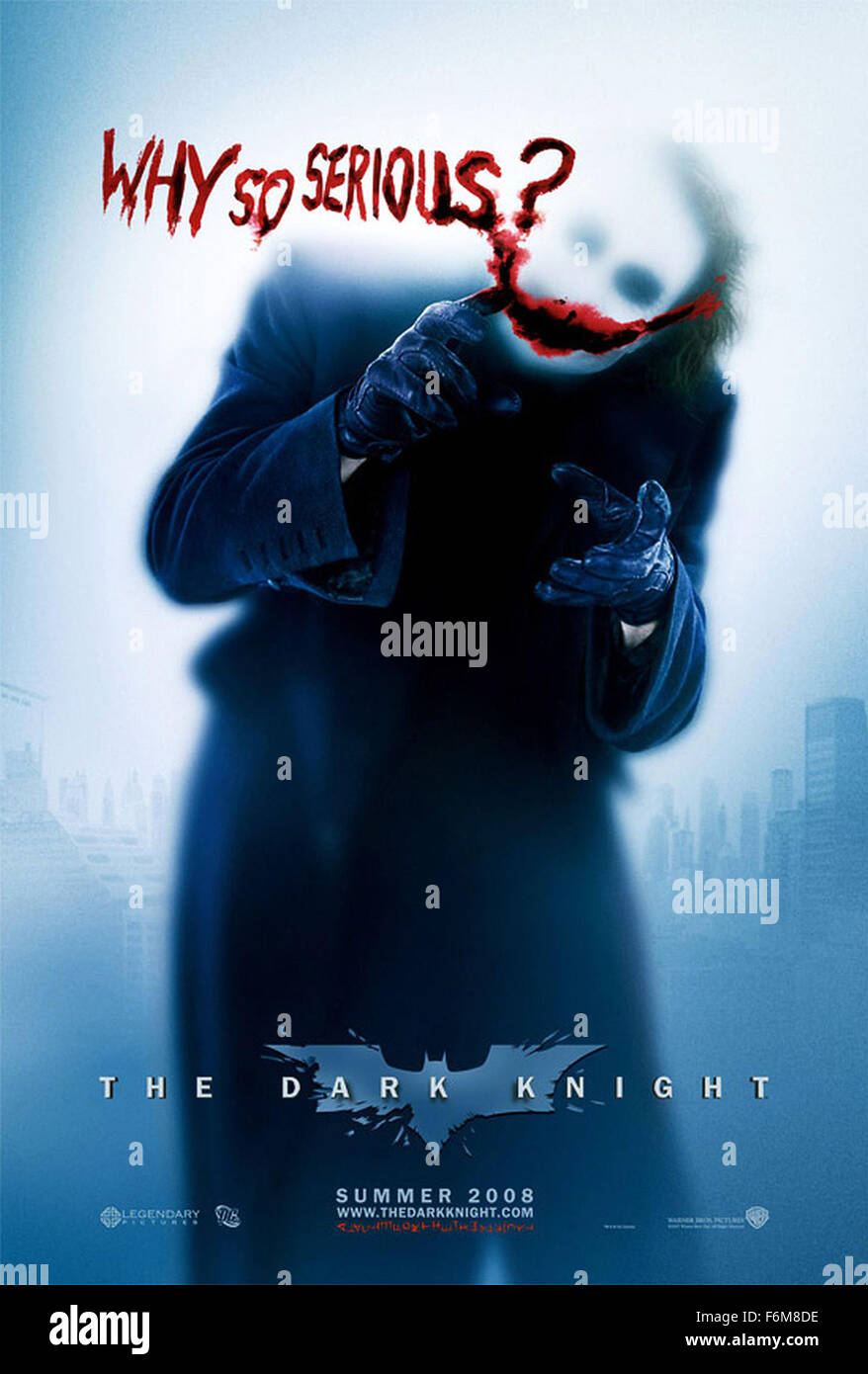 RELEASE DATE: July 18, 2008. MOVIE TITLE: The Dark Knight. STUDIO: DC Comics and Legendary Pictures. PLOT: Batman and James Gordon join forces with Gotham's new District Attorney, Harvey Dent, to take on a psychotic bank robber known as The Joker, whilst other forces plot against them, and Joker's crimes grow more and more deadly. PICTURED: Movie Poster. Stock Photo
