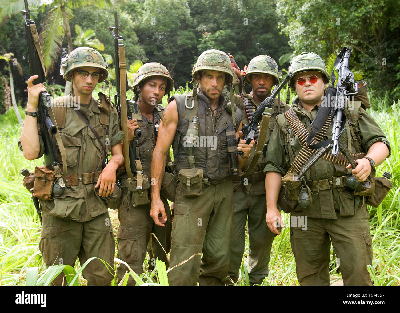 RELEASE DATE: August 15, 2008. MOVIE TITLE: Tropic Thunder. STUDIO: DreamWorks Pictures. PLOT: Through a series of freak occurrences, a group of actors shooting a big-budget war movie are forced to become the soldiers they are portraying. PICTURED: JAY BARUCHEL as Kevin Sandusky, BRANDON T. JACKSON as Alpa Chino, BEN STILLER as Tugg Speedman, ROBERT DOWNEY JR. as Kirk Lazarus and JACK BLACK as Jeff Portnoy. Stock Photo