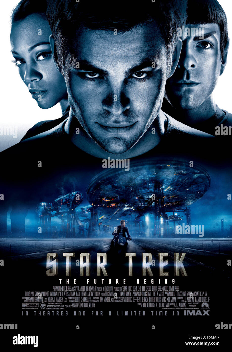 RELEASE DATE: May 8, 2009. MOVIE TITLE: Star Trek. STUDIO: Paramount Pictures. PLOT: A chronicle of the early days of James T. Kirk and his fellow USS Enterprise crew members. PICTURED: CHRIS PINE as James T. Kirk, ZACHARY QUINTO as Spock and ZOE SALDANA as Nyota Uhura. Stock Photo
