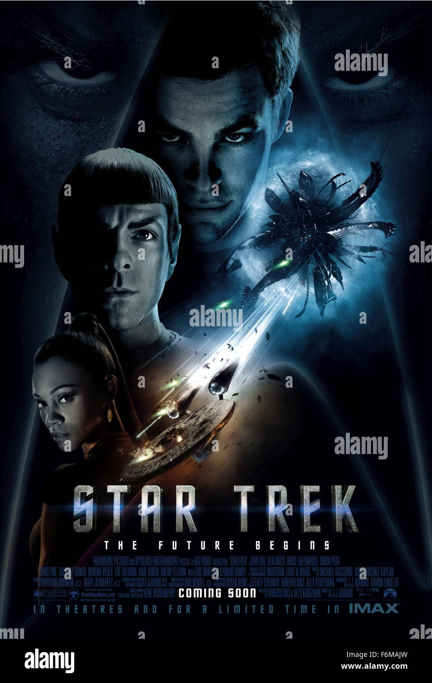 RELEASE DATE: May 8, 2009. MOVIE TITLE: Star Trek. STUDIO: Paramount Pictures. PLOT: A chronicle of the early days of James T. Kirk and his fellow USS Enterprise crew members. PICTURED: CHRIS PINE as James T. Kirk, ZACHARY QUINTO as Spock and ZOE SALDANA as Nyota Uhura. Stock Photo