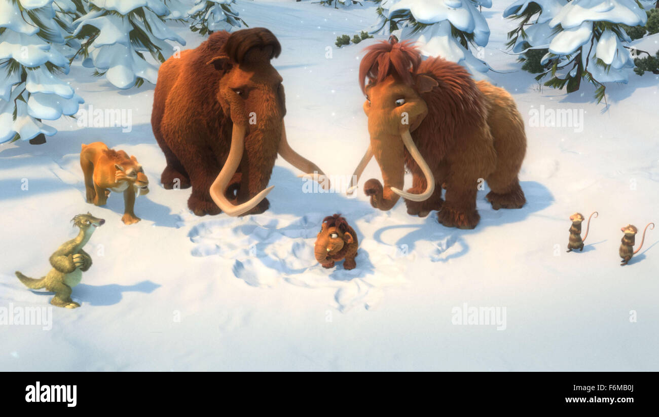 RELEASE DATE: July 1, 2009 . MOVIE TITLE: Ice Age: Dawn of the Dinosaurs. STUDIO: Twentieth Century-Fox Films. PLOT: After the events ofIce Age: The Meltdown, life begins to change for Manny and his friends: Scrat is still on the hunt to hold onto his beloved acorn, while finding a possible romance in a female sabre-toothed squirrel named Scratte. Manny and Ellie, having since become an item, are expecting a baby, which leaves Manny anxious to ensure that everything is perfect for when his baby arrives. PICTURED: Sid, Diego, Manny, Ellie, Crash and Eddie marvel at baby mammoth Peaches. Stock Photo