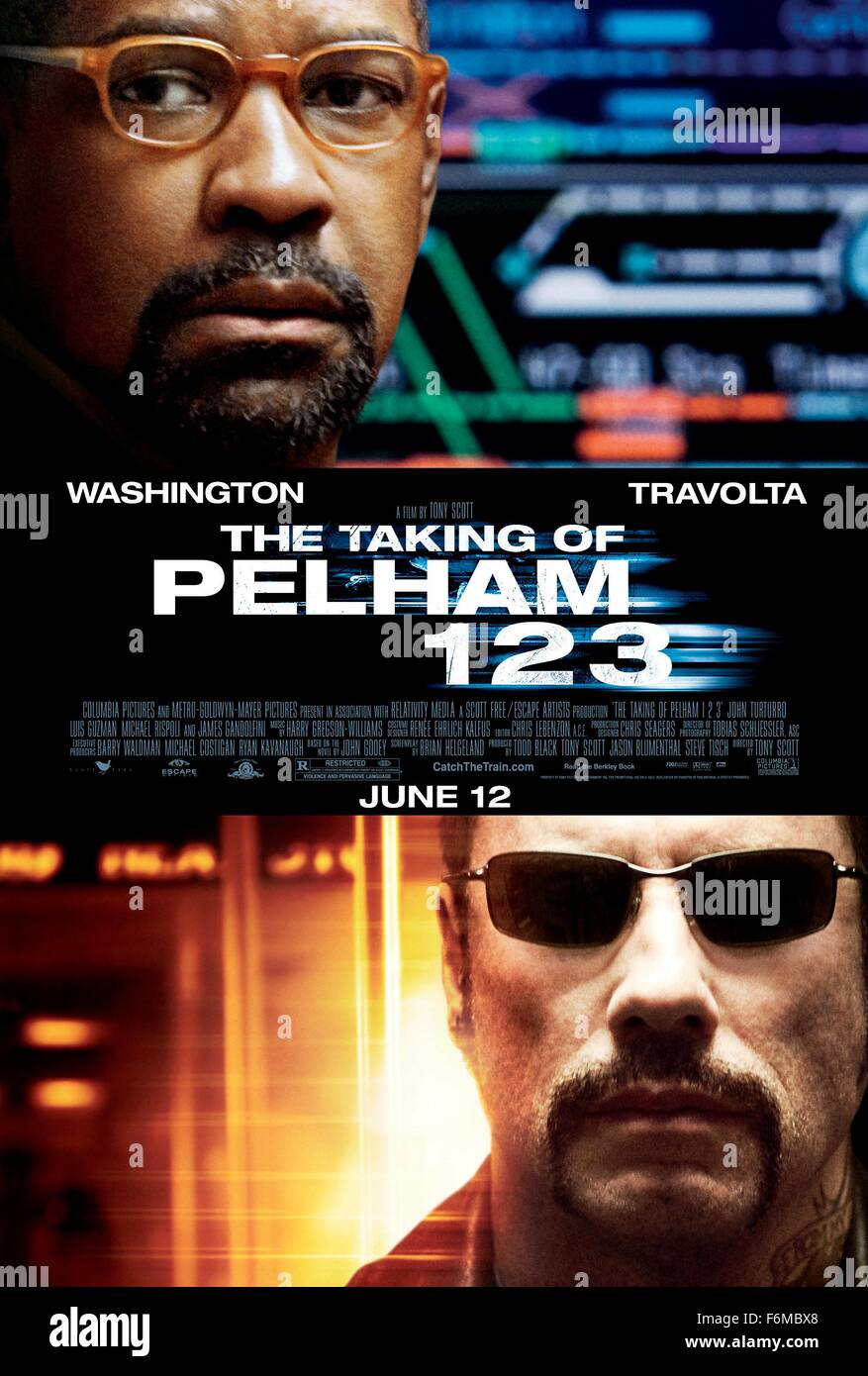 RELEASE DATE: June 12, 2009. MOVIE TITLE: Taking of the Pelham 1-2-3 aka Taking of the Pelham 123. STUDIO: Columbia Pictures. PLOT: Armed men hijack a New York subway train in demand of a hefty ransom. As the authorities try to negotiate with the hostage takers they wonder how the hijackers plan to get away. PICTURED: DENZEL WASHINGTON as Lieutenant Zachary Garber and JOHN TRAVOLTA as Ryder.. Stock Photo