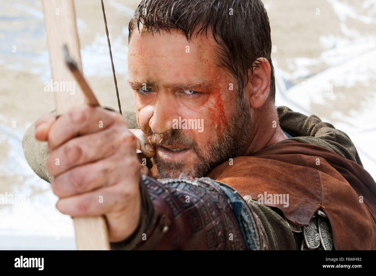 RELEASE DATE: May 14, 2010. MOVIE TITLE: Robin Hood. STUDIO: Universal Pictures. PLOT: The story of an archer in the army of Richard Coeur de Lion who fights against the Norman invaders and becomes the legendary hero known as Robin Hood. PICTURED: RUSSELL CROWE as Robin Hood. Stock Photo