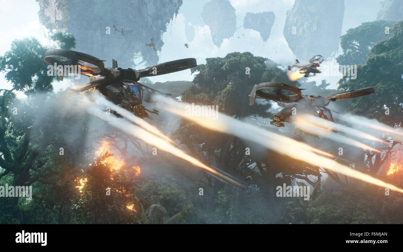 RELEASE DATE: December 18, 2009. MOVIE TITLE: Avatar. STUDIO: 20th Century Fox. PLOT: In the future, Jake, a paraplegic war veteran, is brought to another planet, Pandora, which is inhabited by the Na'vi, a humanoid race with their own language and culture. Those from Earth find themselves at odds with each other and the local culture. PICTURED: The human forces on Pandora unleash tremendous firepower in an epic battle against the Na'vi, the indigenous population of Pandora. Stock Photo